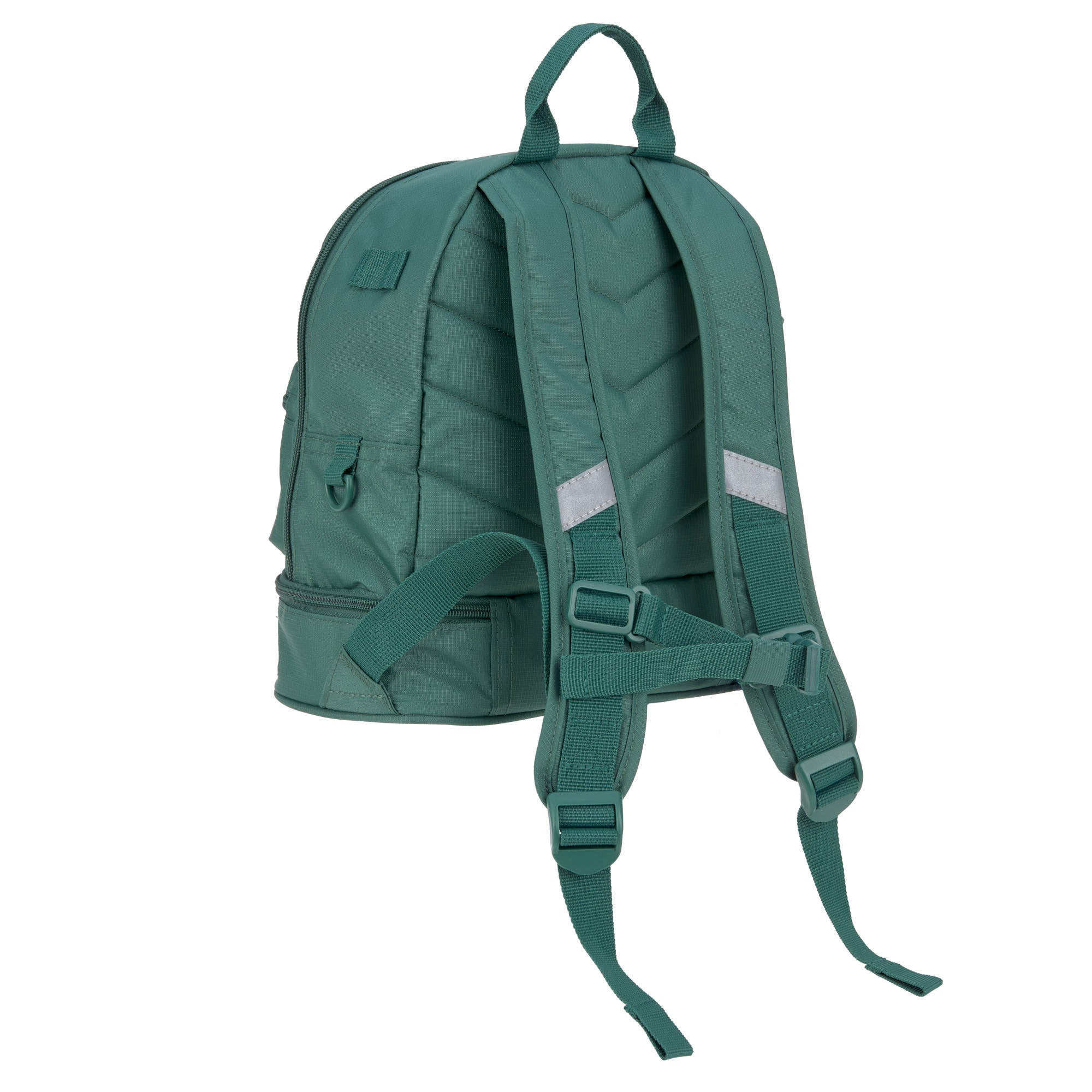 The back of the Lassig mini backpack for kids in a dark green colour, with reflective strips on the straps for safety. 