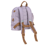 The back of the Lassig mini kids backpack in a lilac colour, with reflective strips on the straps for safety. 