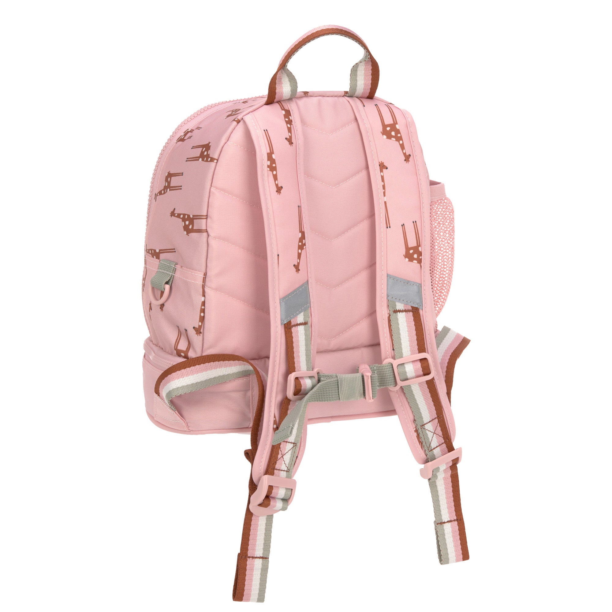 The back of the Lassig kids mini backpack in a Safari Giraffe pink print, showing the reflective safety strips on the back straps to improve children's visibility. 