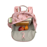 The Lassig kids mini backpack in a Safari Giraffe pink print, with the main zip opened to show how you can store books and snacks inside, as well as a juice box in the mesh side bottle holder. 
