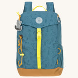 Lassig Kids Big Outdoor Backpack with an Adventure Blue design. The print features tents, trees, and clouds, and a neon green front strap. These children's backpacks are part of a wide range available at Babipur.