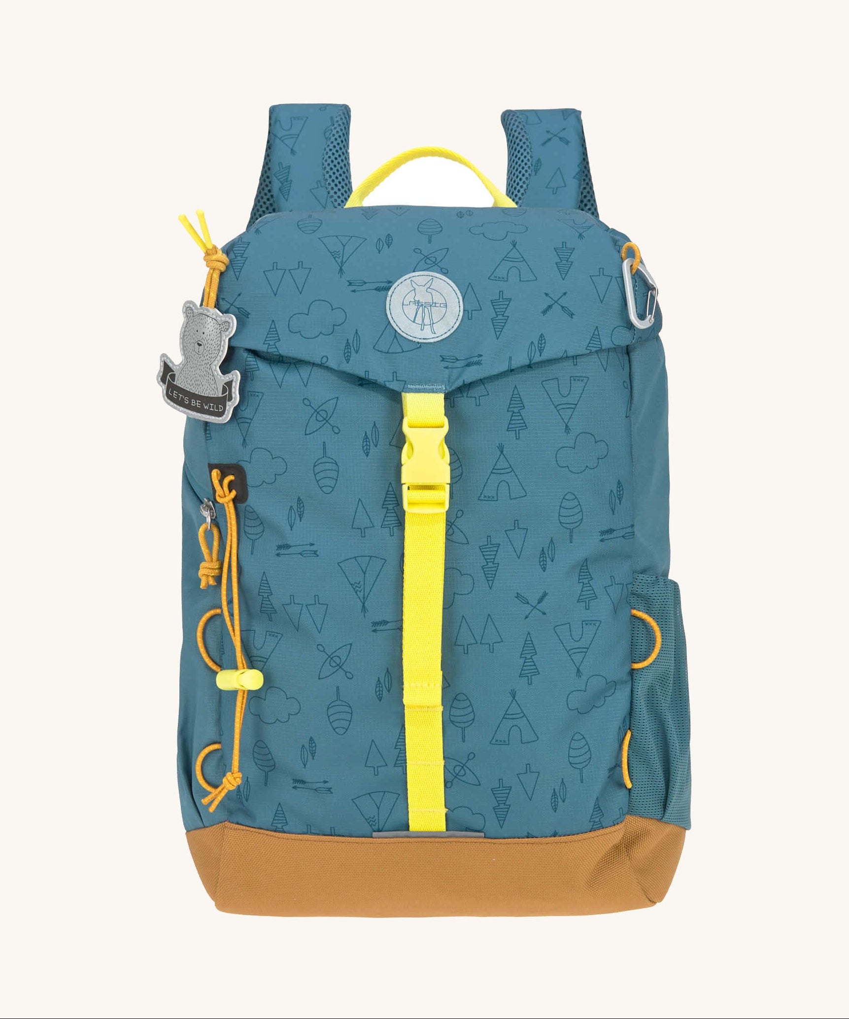 Lassig Kids Big Outdoor Backpack with an Adventure Blue design. The print features tents, trees, and clouds, and a neon green front strap. These children's backpacks are part of a wide range available at Babipur.