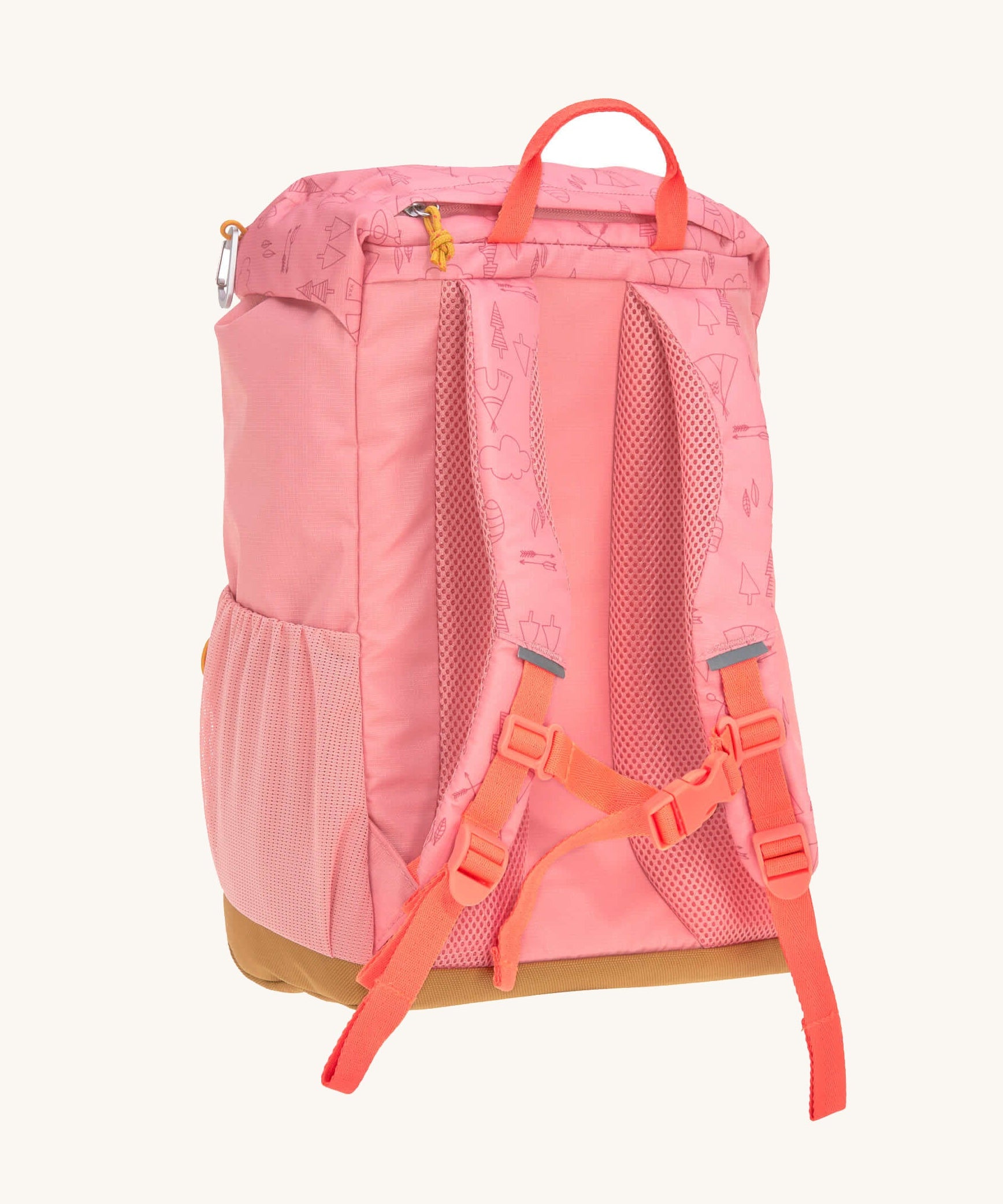The back of the Lassig Kids Big Outdoor Backpack with an Adventure rose pink design showing the bright pink chest straps. The print features tents, trees, and clouds, and a pink front strap. These children's backpacks are part of a wide range available at Babipur.