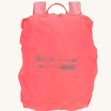 The Lassig Kids Big Outdoor Backpack with an Adventure rose pink design shown with the bright pink rain cover on. The print features tents, trees, and clouds, and a pink front strap. These children's backpacks are part of a wide range available at Babipur.