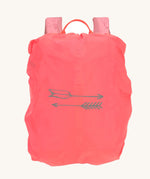 The Lassig Kids Big Outdoor Backpack with an Adventure rose pink design shown with the bright pink rain cover on. The print features tents, trees, and clouds, and a pink front strap. These children's backpacks are part of a wide range available at Babipur.