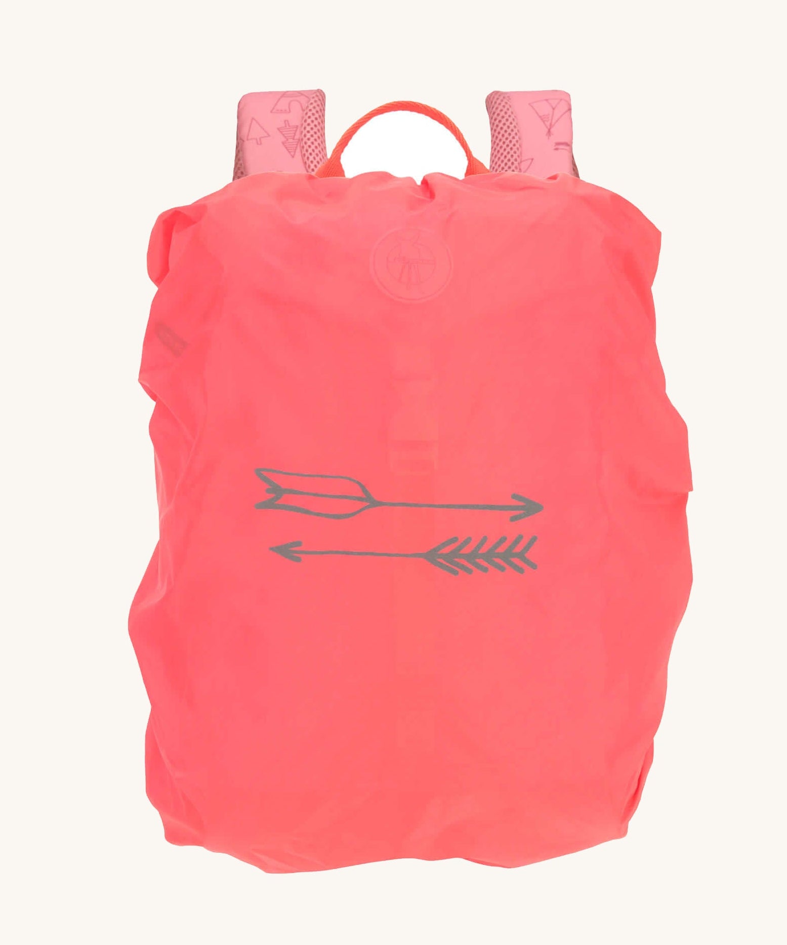 The Lassig Kids Big Outdoor Backpack with an Adventure rose pink design shown with the bright pink rain cover on. The print features tents, trees, and clouds, and a pink front strap. These children's backpacks are part of a wide range available at Babipur.