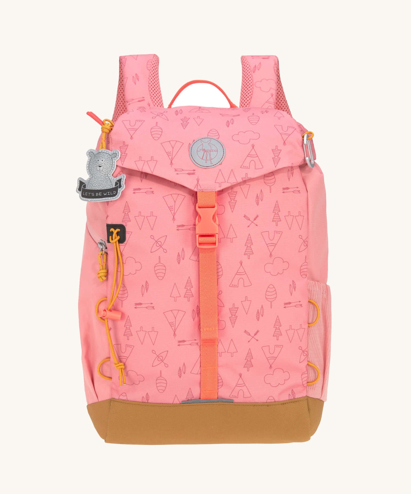 Lassig Kids Big Outdoor Backpack with an Adventure rose pink design. The print features tents, trees, and clouds, and a pink front strap. These children's backpacks are part of a wide range available at Babipur.
