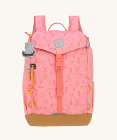 Lassig Kids Big Outdoor Backpack with an Adventure rose pink design. The print features tents, trees, and clouds, and a pink front strap. These children's backpacks are part of a wide range available at Babipur.
