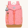 Lassig Kids Big Outdoor Backpack with an Adventure rose pink design. The print features tents, trees, and clouds, and a pink front strap. These children's backpacks are part of a wide range available at Babipur.