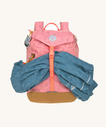 The Lassig kids big outdoor backpack in Adventure rose, with a coat secured under the front strap. These children's backpacks are part of a wide range available at Babipur.