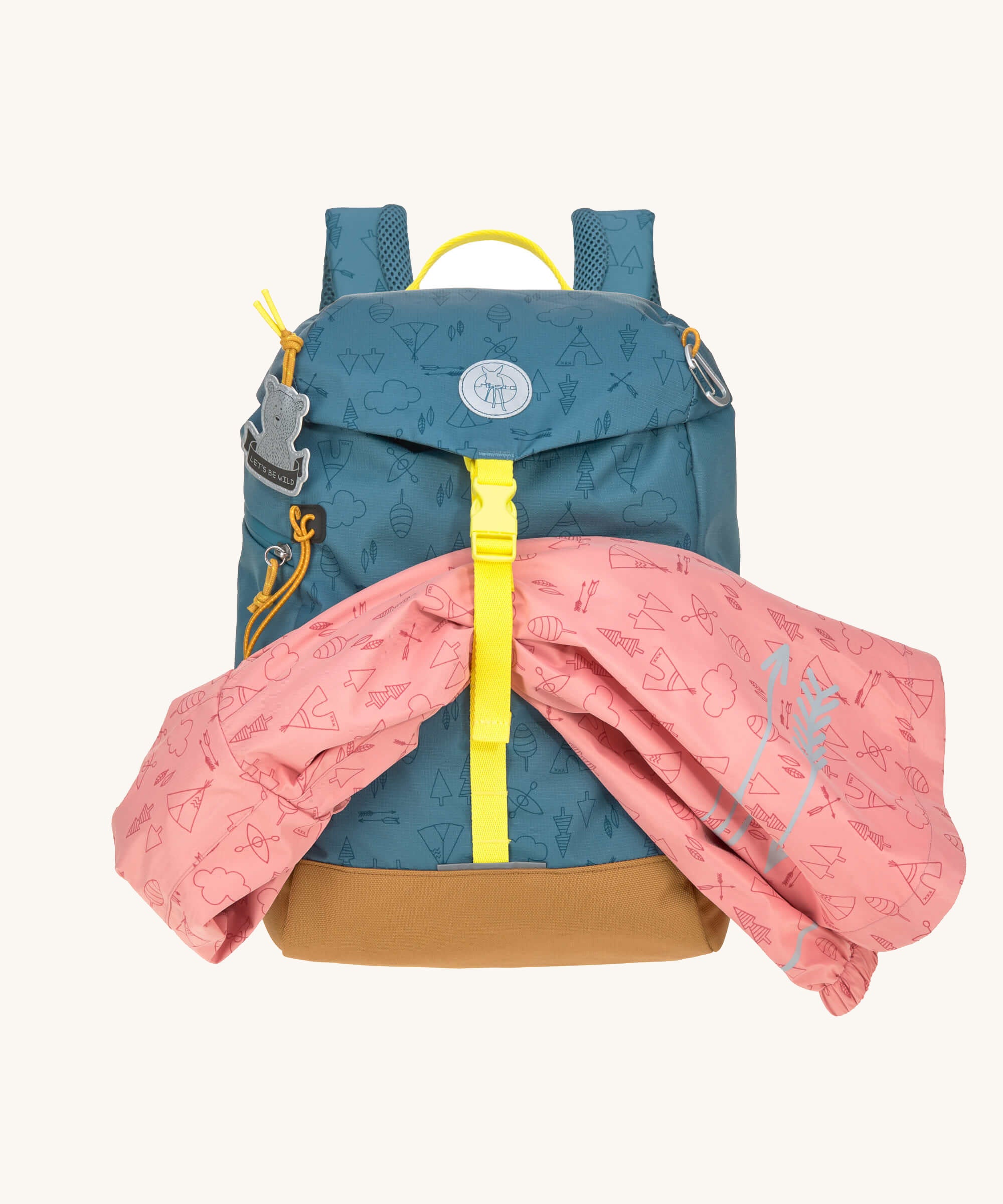 The Lassig kids big outdoor backpack in Adventure Blue, with a coat secured under the front strap. These children's backpacks are part of a wide range available at Babipur.