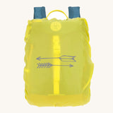 The Lassig Kids Big Outdoor Backpack with an Adventure Blue design shown with the fluorescent yellow coloured rain cover on it. The print features tents, trees, and clouds, and a neon green front strap. These children's backpacks are part of a wide range available at Babipur.