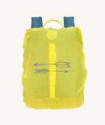 The Lassig Kids Big Outdoor Backpack with an Adventure Blue design shown with the fluorescent yellow coloured rain cover on it. The print features tents, trees, and clouds, and a neon green front strap. These children's backpacks are part of a wide range available at Babipur.
