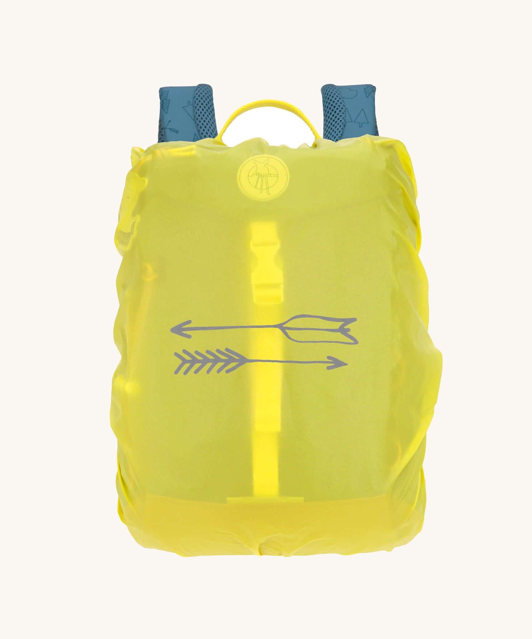 The Lassig Kids Big Outdoor Backpack with an Adventure Blue design shown with the fluorescent yellow coloured rain cover on it. The print features tents, trees, and clouds, and a neon green front strap. These children's backpacks are part of a wide range available at Babipur.