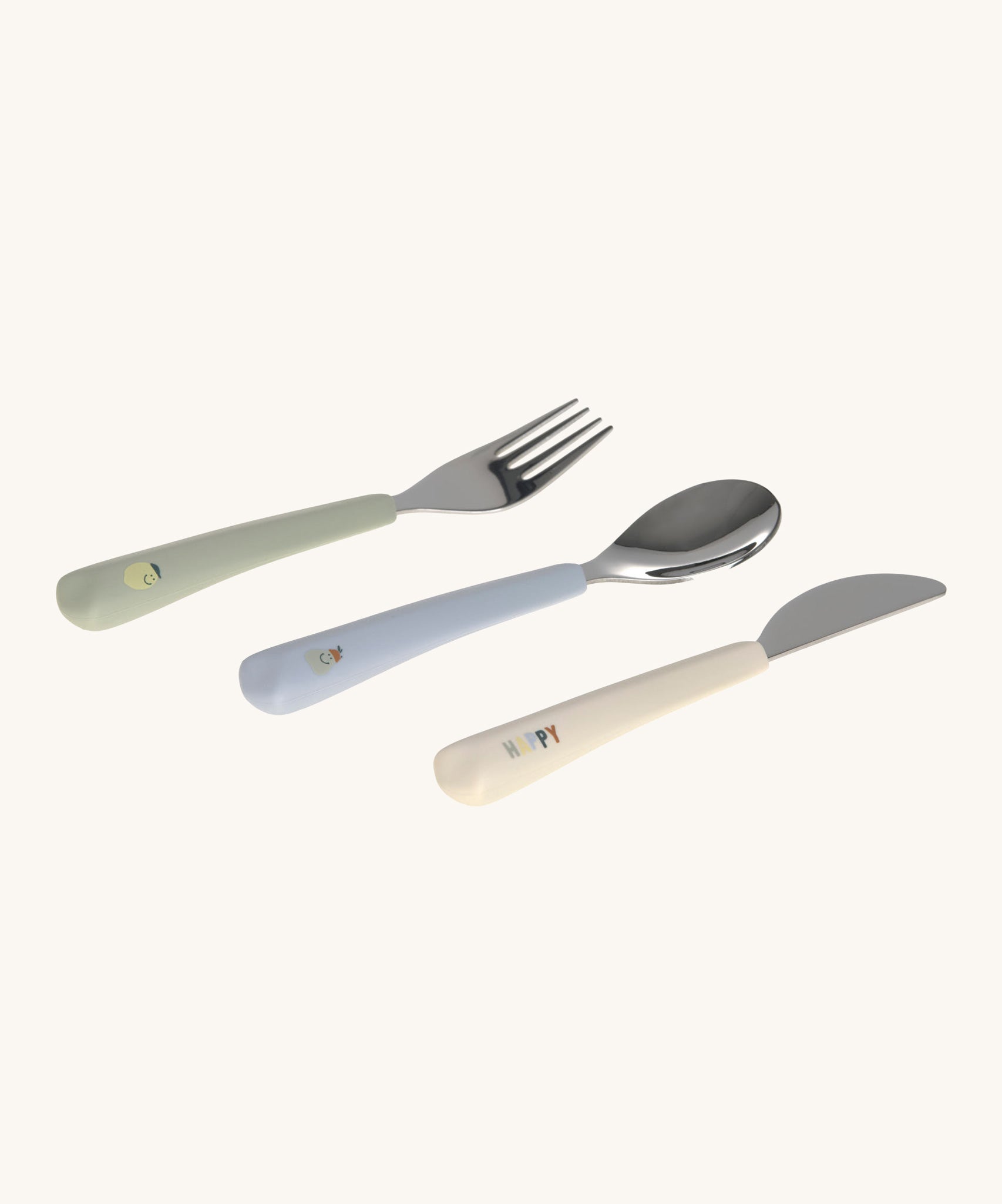 Lassig Cutlery with Silicone Handle  featuring Happy Fruits Lemon design. This children's cutlery set is part of a wide range of tableware available at Babipur.