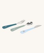 Lassig Cutlery with Silicone Handle with a Tiny Team Dog design. These green and blue coloured children's cutlery are part of a wide range of tabelware avaialable at Babipur.
