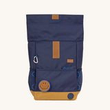 The Lassig Medium Rolltop Backpack in a Little Gang Navy colour design shown with the top fully rolled out. These roll top bags are available in different colours and sizes at Babipur.