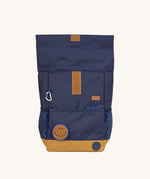 The Lassig Medium Rolltop Backpack in a Little Gang Navy colour design shown with the top fully rolled out. These roll top bags are available in different colours and sizes at Babipur.