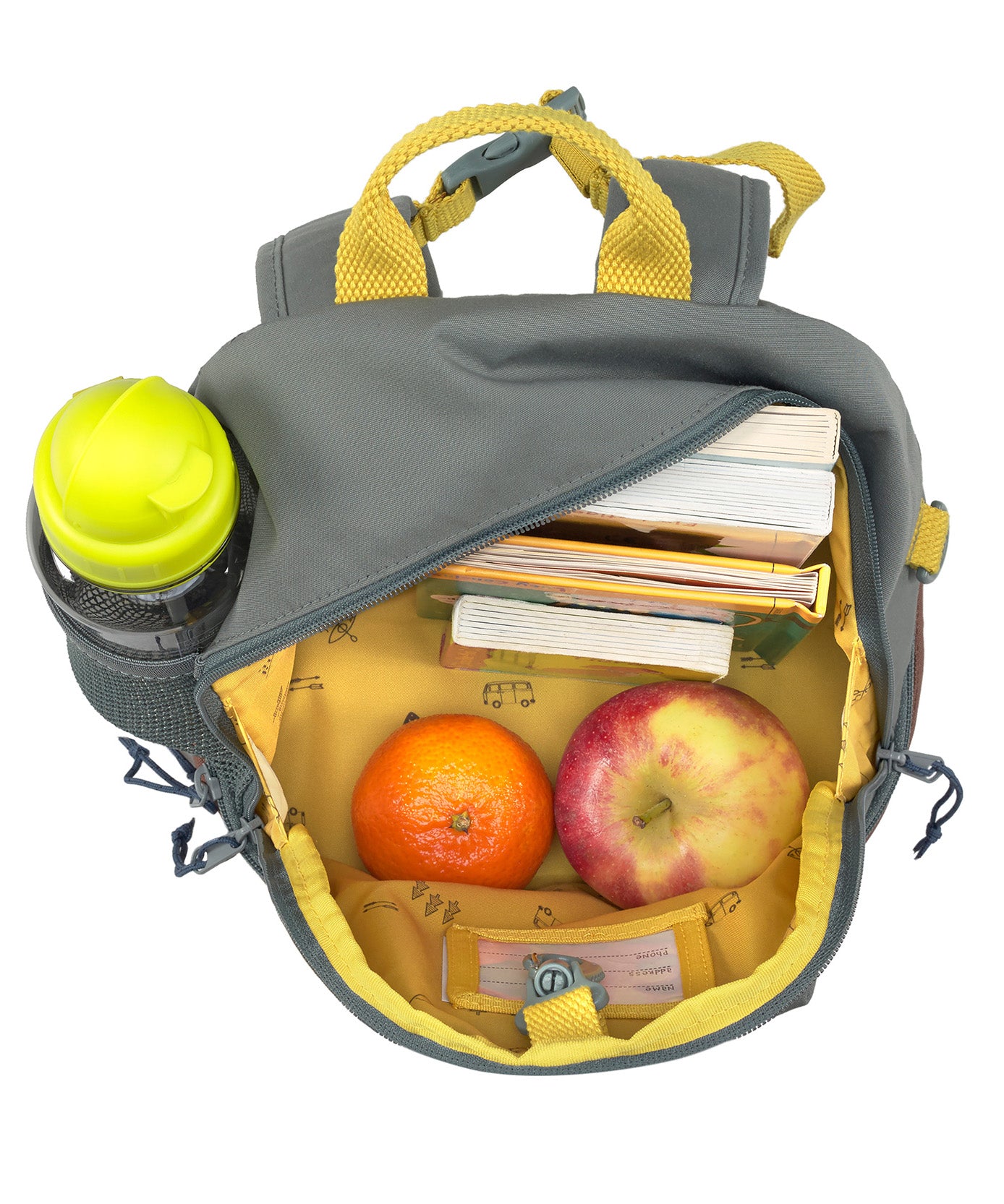 A top view of the Lassig mini kids campervan backpack, showcasing the vast storage space inside and the yellow campervan print. 