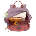 A view of the inside of the Lassig Kids Mini Backpack, showing the vast storage space and tractor pattern inside. 