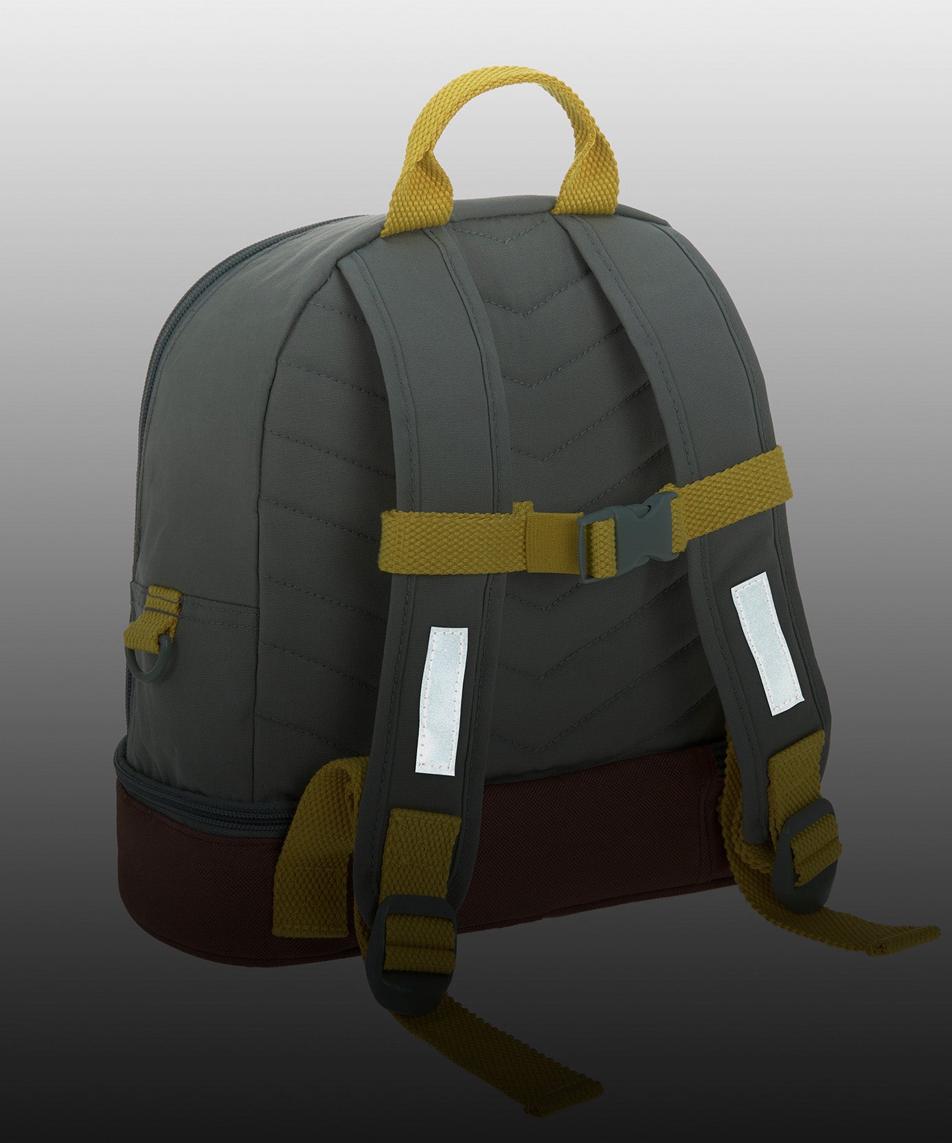 The back of the Lassig mini adventure campervan backpack, with reflective strips on the straps for children's road safety.