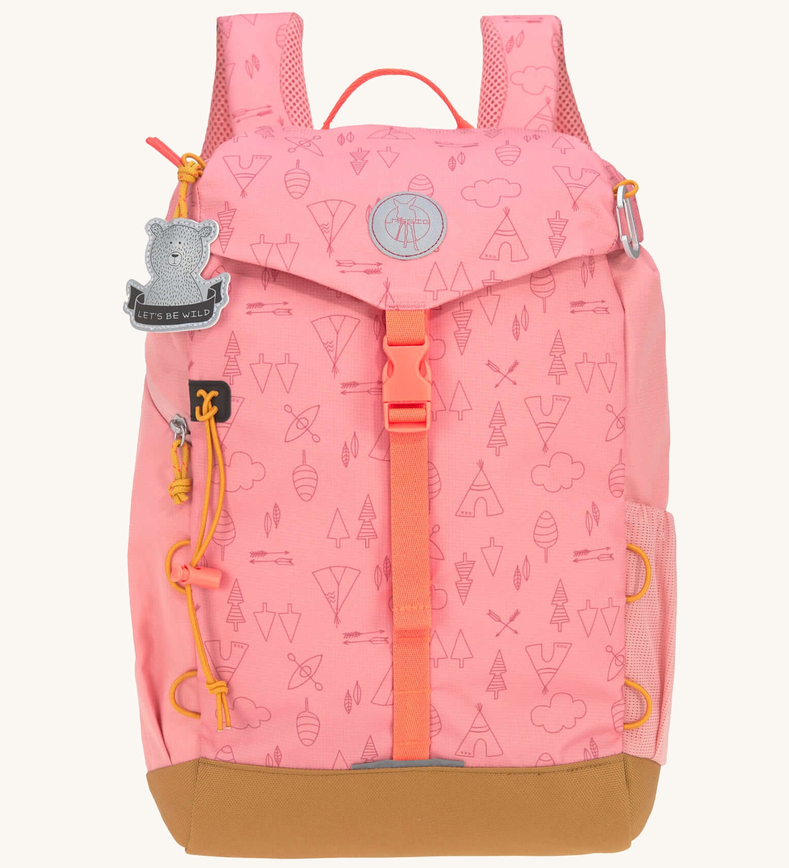 Lassig kids mini adventure backpack in rose available at Babipur. Features a buckle fastener, padded shoulder pads and a cute playful teddy bear tag  on the front with playful woodland camping inspired graphics on the front panel