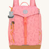 Lassig kids mini adventure backpack in rose available at Babipur. Features a buckle fastener, padded shoulder pads and a cute playful teddy bear tag  on the front with playful woodland camping inspired graphics on the front panel