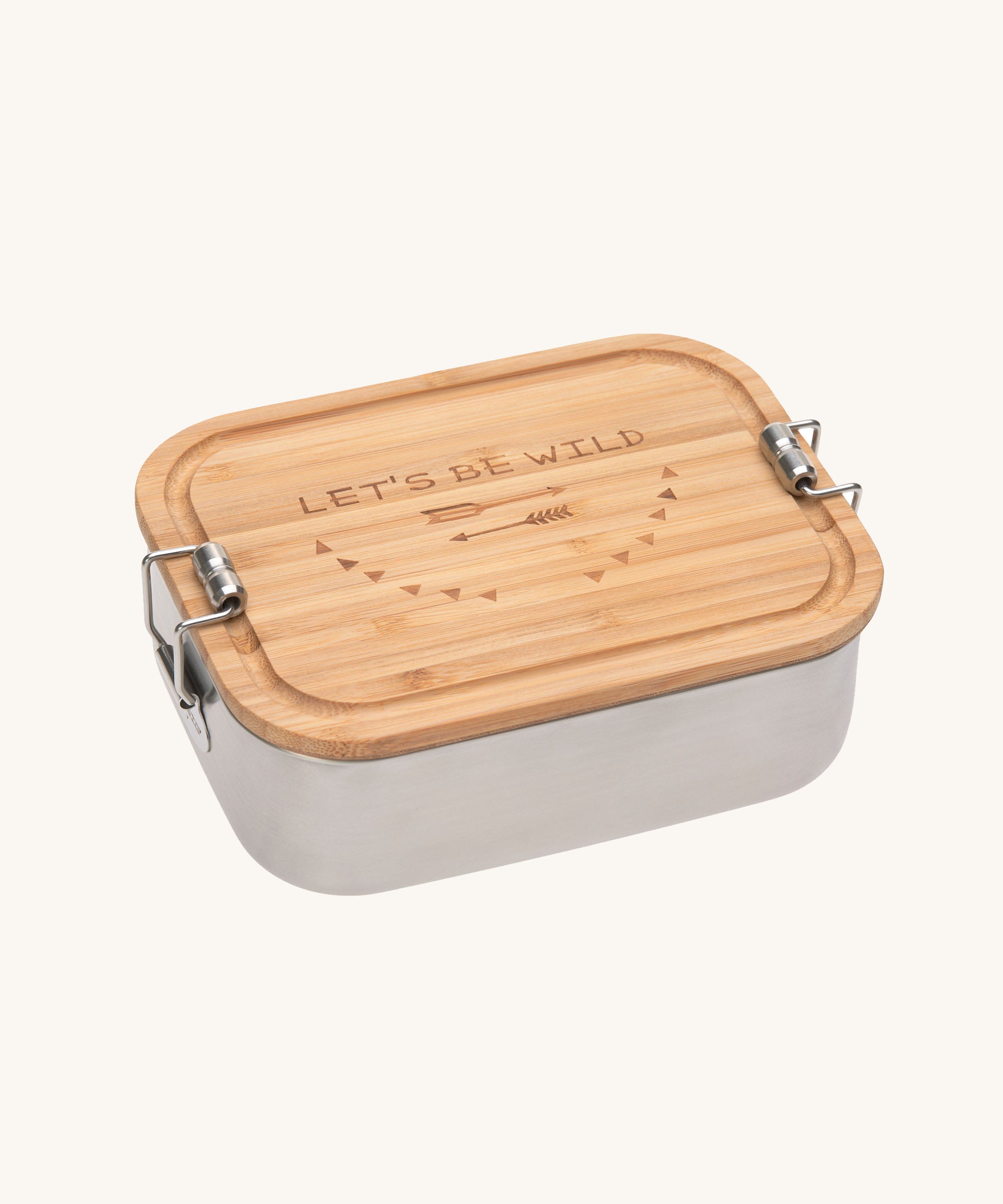Lassig Stainless Steel Bamboo Lunchbox with an Adventure design. The words let's be wild are written on the bamboo lid. This children's divided lunchbox is part of a wide range of food storage solutions available at Babipur.