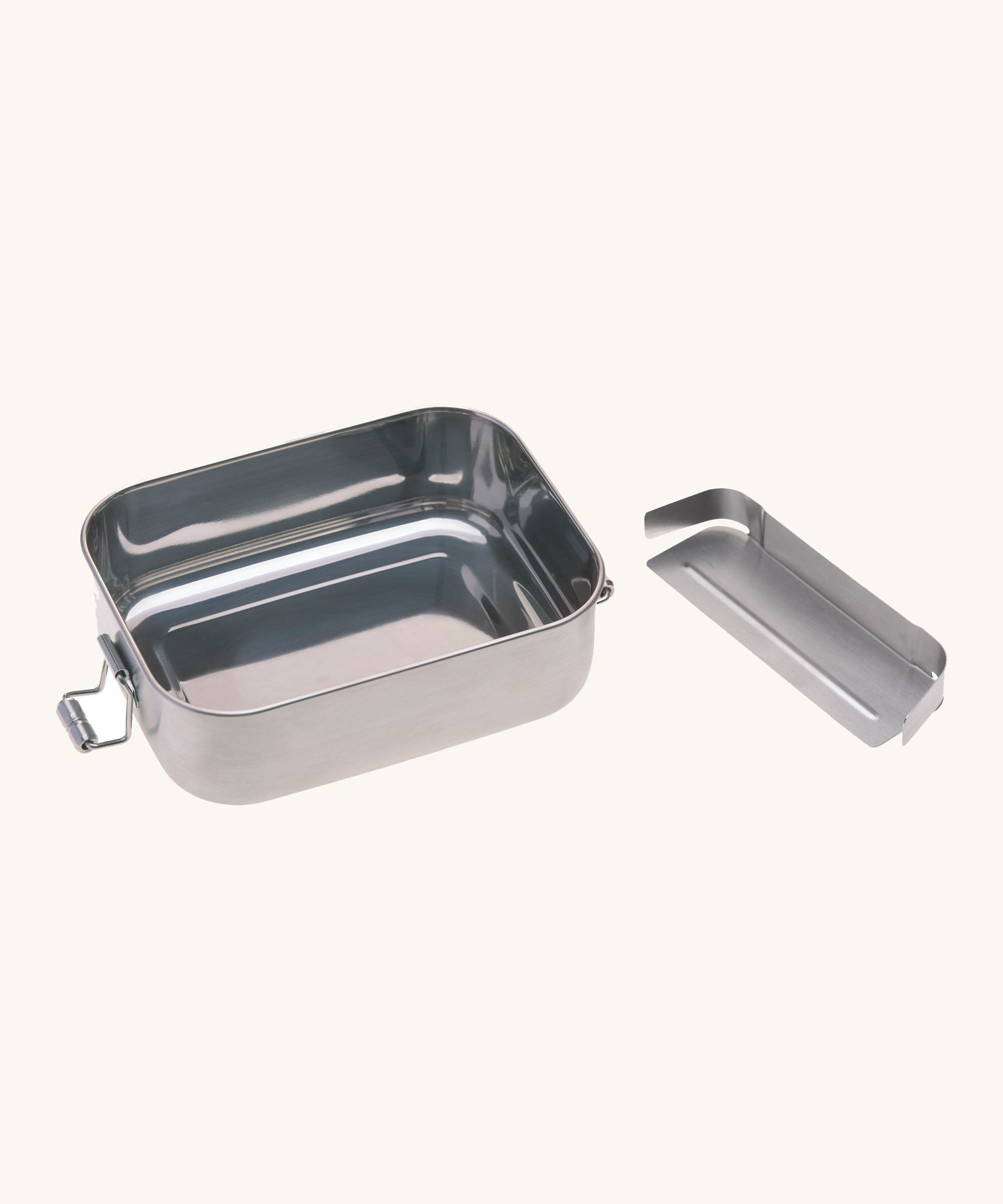 A Lassig Stainless Steel Bamboo Lunchbox with the stainless steel divider taken out. This children's divided lunchbox is part of a wide range of food storage solutions available at Babipur.