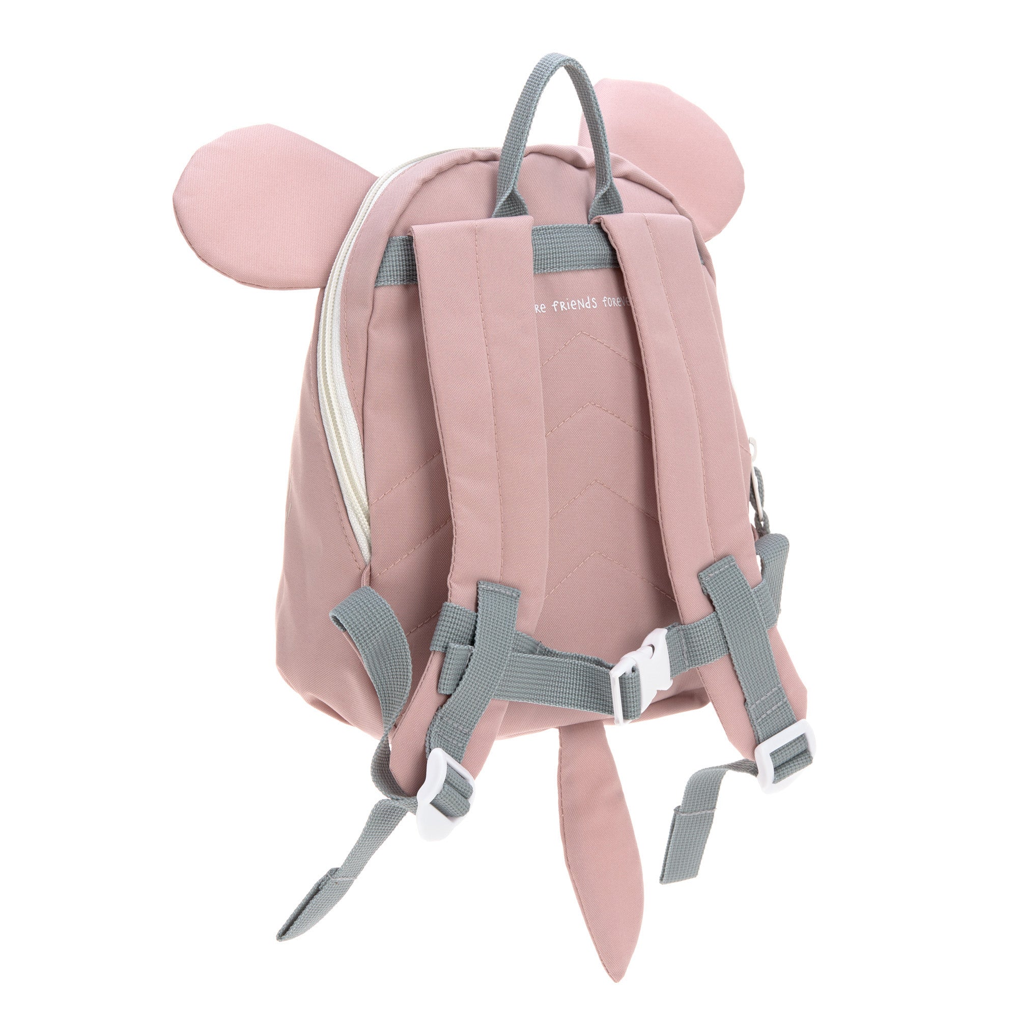 The back of the Lassig 'About Friends' tiny backpack in light pink, with adjustable shoulder straps and a 3D tail and ears. 