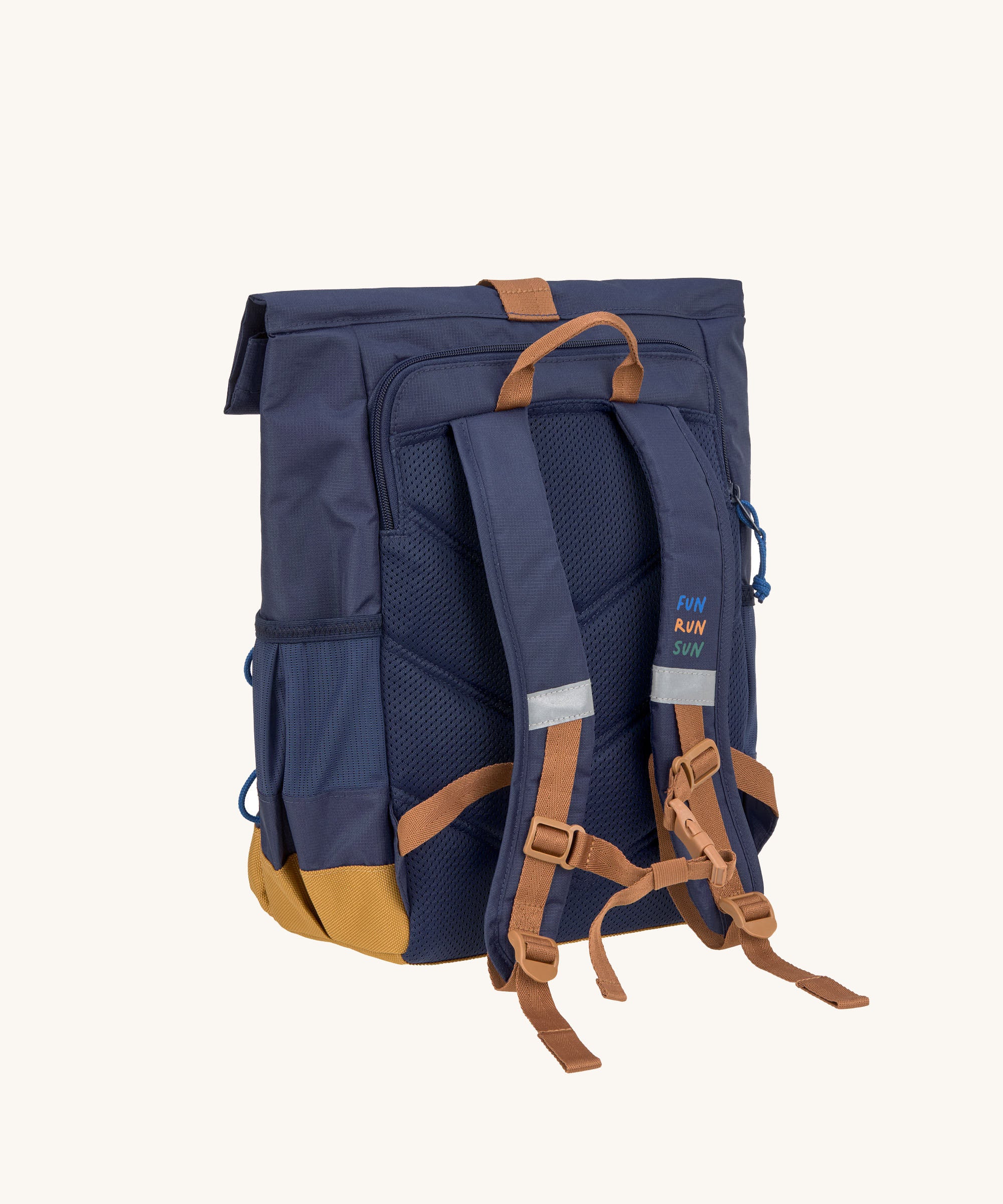 The back of the Lassig Medium Rolltop Backpack in a Little Gang Navy colour design. The children's bag has a brown coloured chest strap These roll top bags are available in different colours and sizes at Babipur.