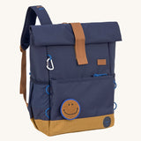 Lassig Medium Rolltop Backpack in a Little Gang Navy colour design. These roll top bags are available in different colours and sizes at Babipur.