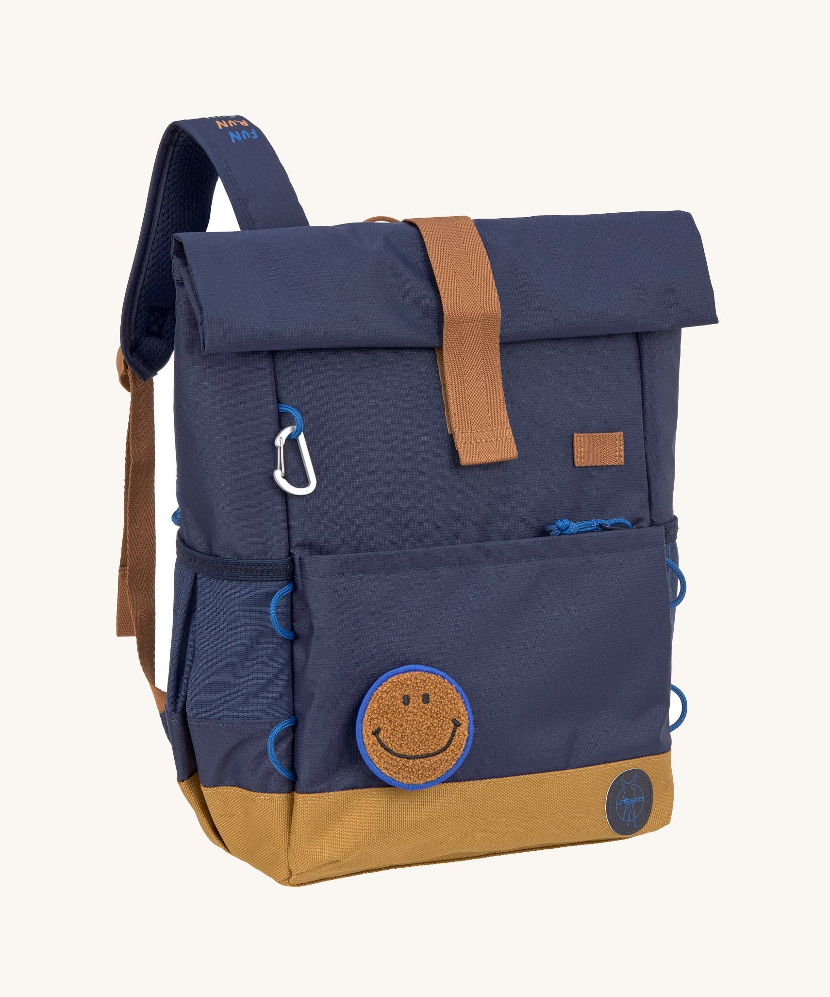 Lassig Medium Rolltop Backpack in a Little Gang Navy colour design. These roll top bags are available in different colours and sizes at Babipur.