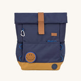 The Lassig Medium Rolltop Backpack in a Little Gang Navy colour design shown with the top rolled up and closed. These roll top bags are available in different colours and sizes at Babipur.