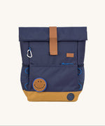 The Lassig Medium Rolltop Backpack in a Little Gang Navy colour design shown with the top rolled up and closed. These roll top bags are available in different colours and sizes at Babipur.