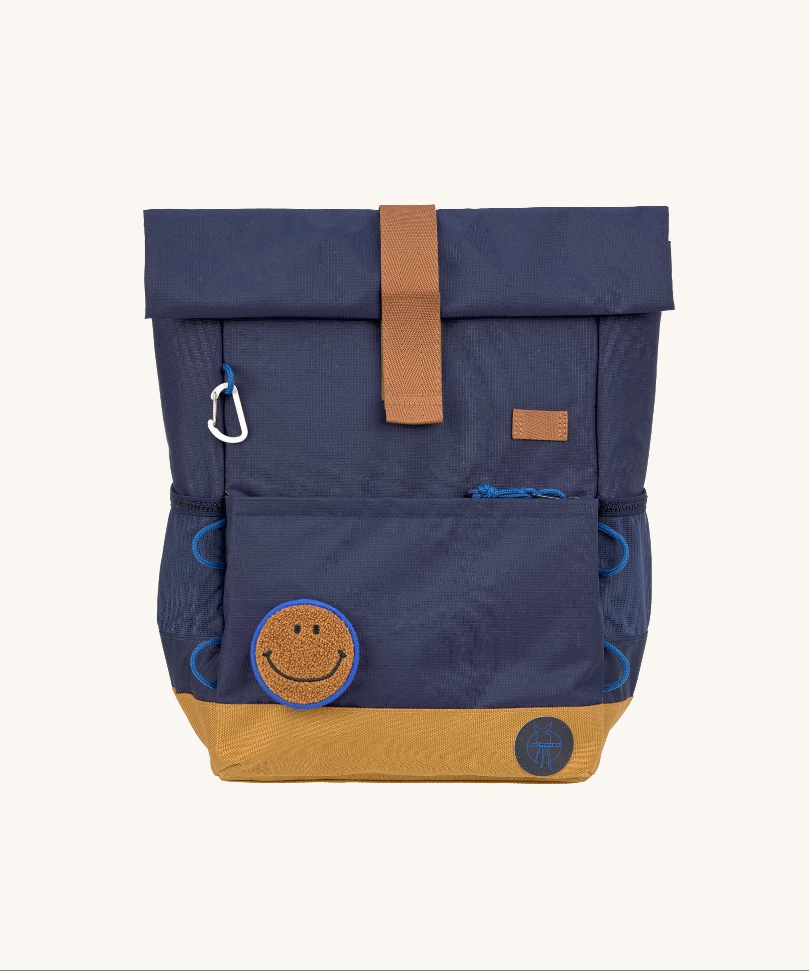 The Lassig Medium Rolltop Backpack in a Little Gang Navy colour design shown with the top rolled up and closed. These roll top bags are available in different colours and sizes at Babipur.