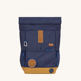 The Lassig Medium Rolltop Backpack in a Little Gang Navy colour design with the top rolled up. These roll top bags are available in different colours and sizes at Babipur.