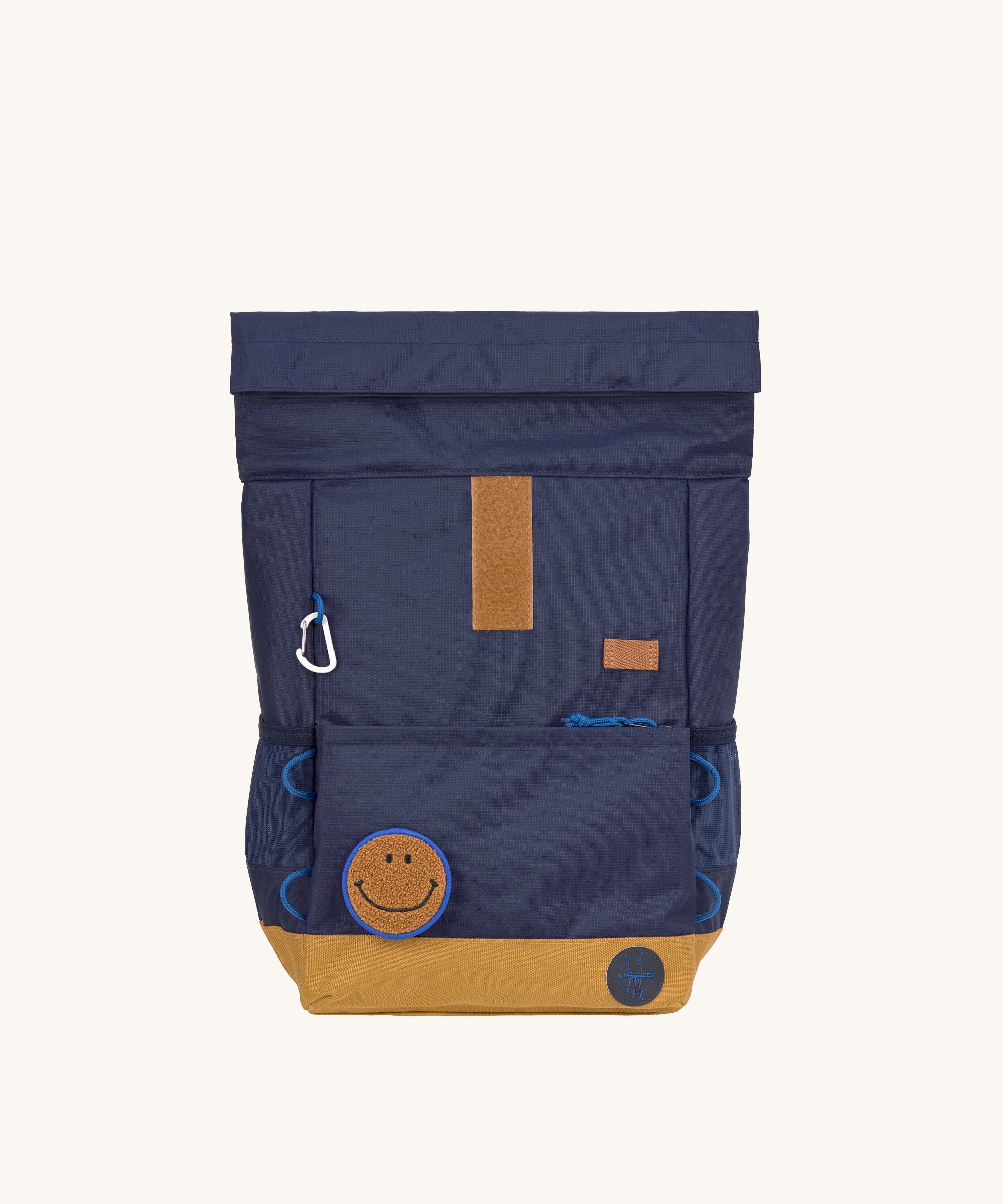 The Lassig Medium Rolltop Backpack in a Little Gang Navy colour design with the top rolled up. These roll top bags are available in different colours and sizes at Babipur.