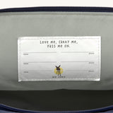 The name badge inside the Lassig Medium Rolltop Backpack in a Little Gang Navy colour design. These roll top bags are available in different colours and sizes at Babipur.