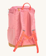 The back of the Lassig kids mini advetnure backpack in rose showing the padded shoulder and mesh side pocket detail. 