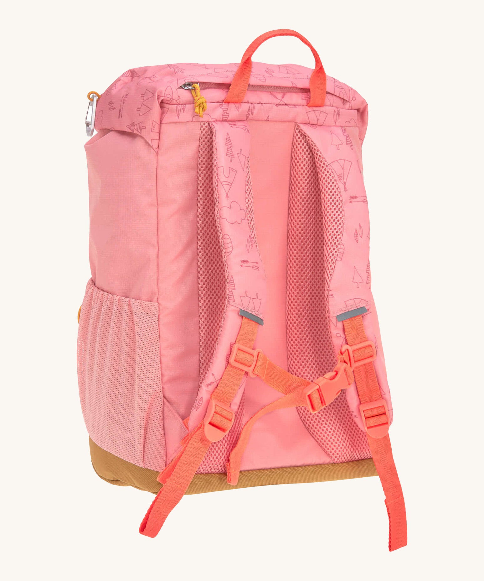 The back of the Lassig kids mini advetnure backpack in rose showing the padded shoulder and mesh side pocket detail. 