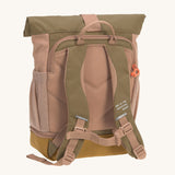 The back of the Lassig Mini Rolltop Backpack in a Nature Hazelnut colour showing the chest strap. This children's bag is part of a wide range of backpacks and accessories available at Babipur. 