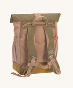 The back of the Lassig Mini Rolltop Backpack in a Nature Hazelnut colour showing the chest strap. This children's bag is part of a wide range of backpacks and accessories available at Babipur. 