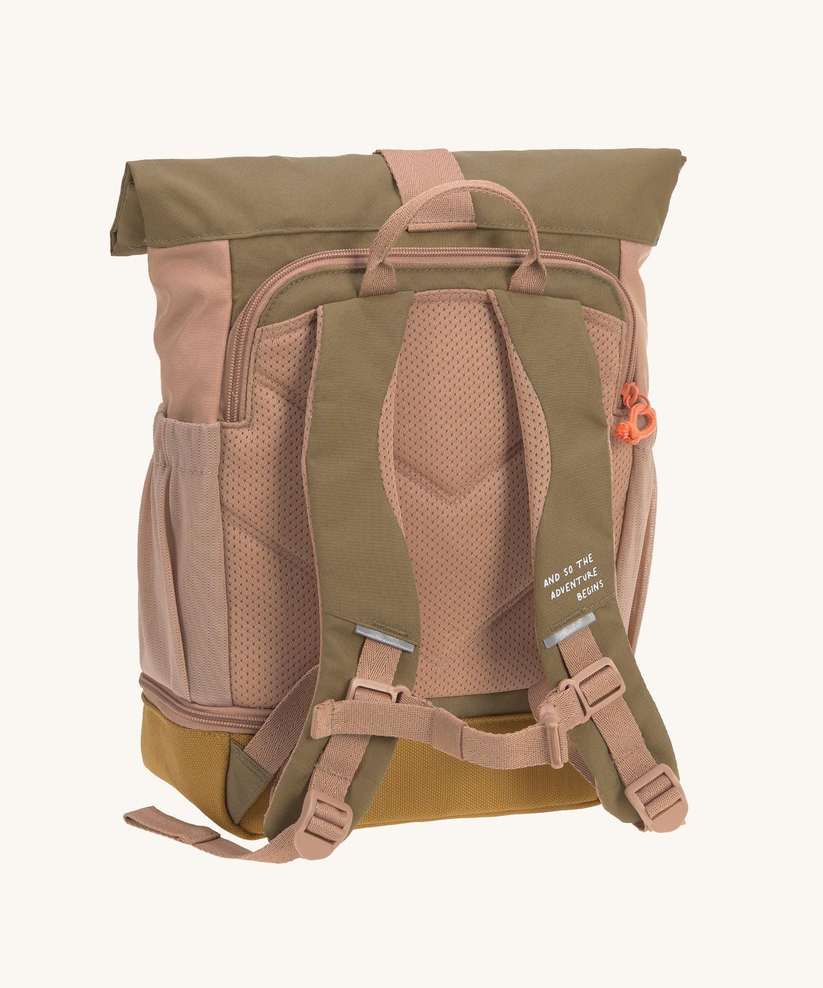 The back of the Lassig Mini Rolltop Backpack in a Nature Hazelnut colour showing the chest strap. This children's bag is part of a wide range of backpacks and accessories available at Babipur. 