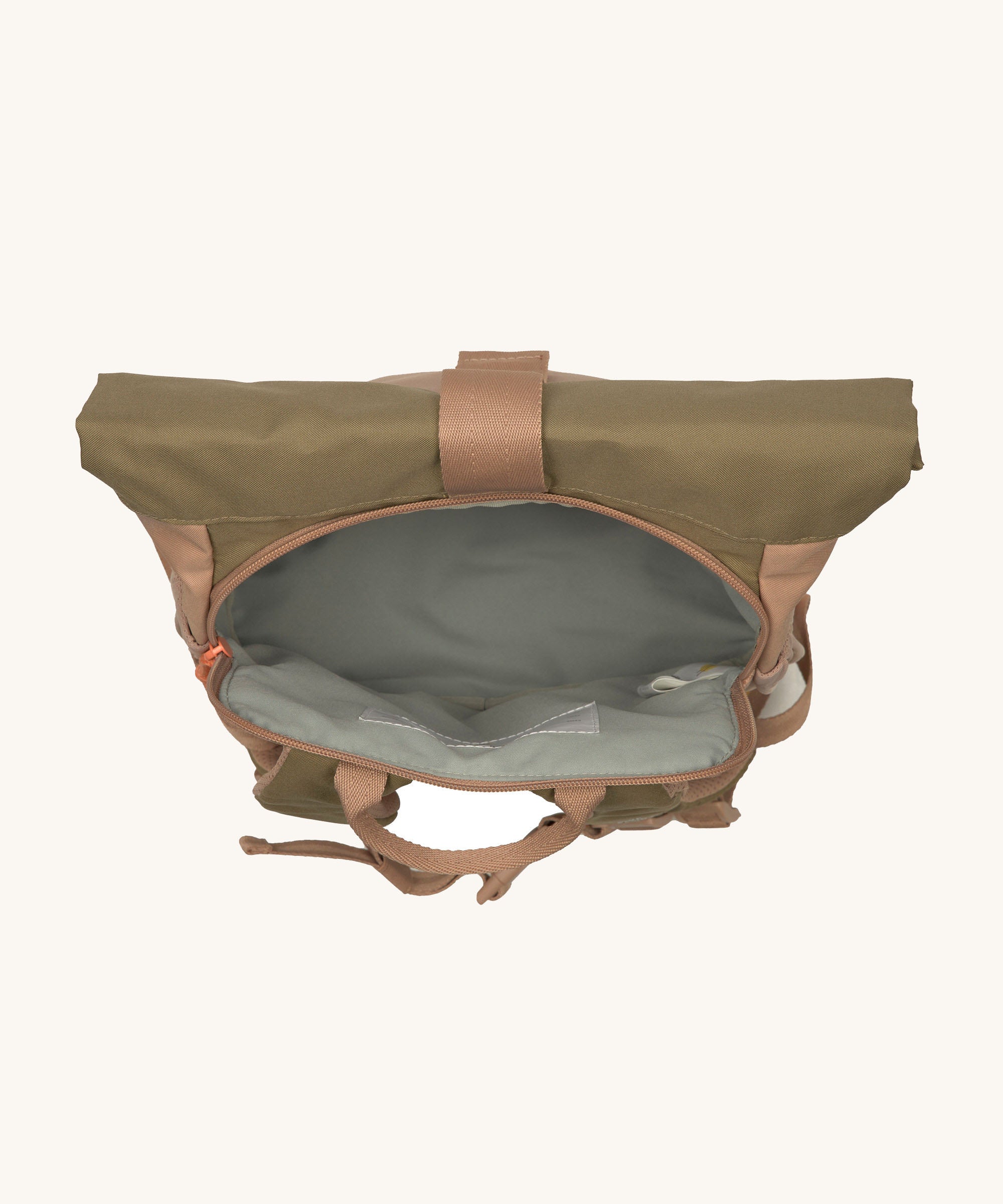 A view of the top of the Lassig Mini Rolltop Backpack in a Nature Hazelnut colour showing inside the zipped section. This children's bag is part of a wide range of backpacks and accessories available at Babipur. 