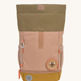 The Lassig Mini Rolltop Backpack in a Nature Hazelnut colour shown with the top fully rolled open. This children's bag is part of a wide range of backpacks and accessories available at Babipur. 