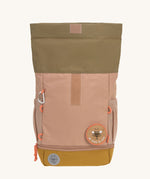 The Lassig Mini Rolltop Backpack in a Nature Hazelnut colour shown with the top fully rolled open. This children's bag is part of a wide range of backpacks and accessories available at Babipur. 