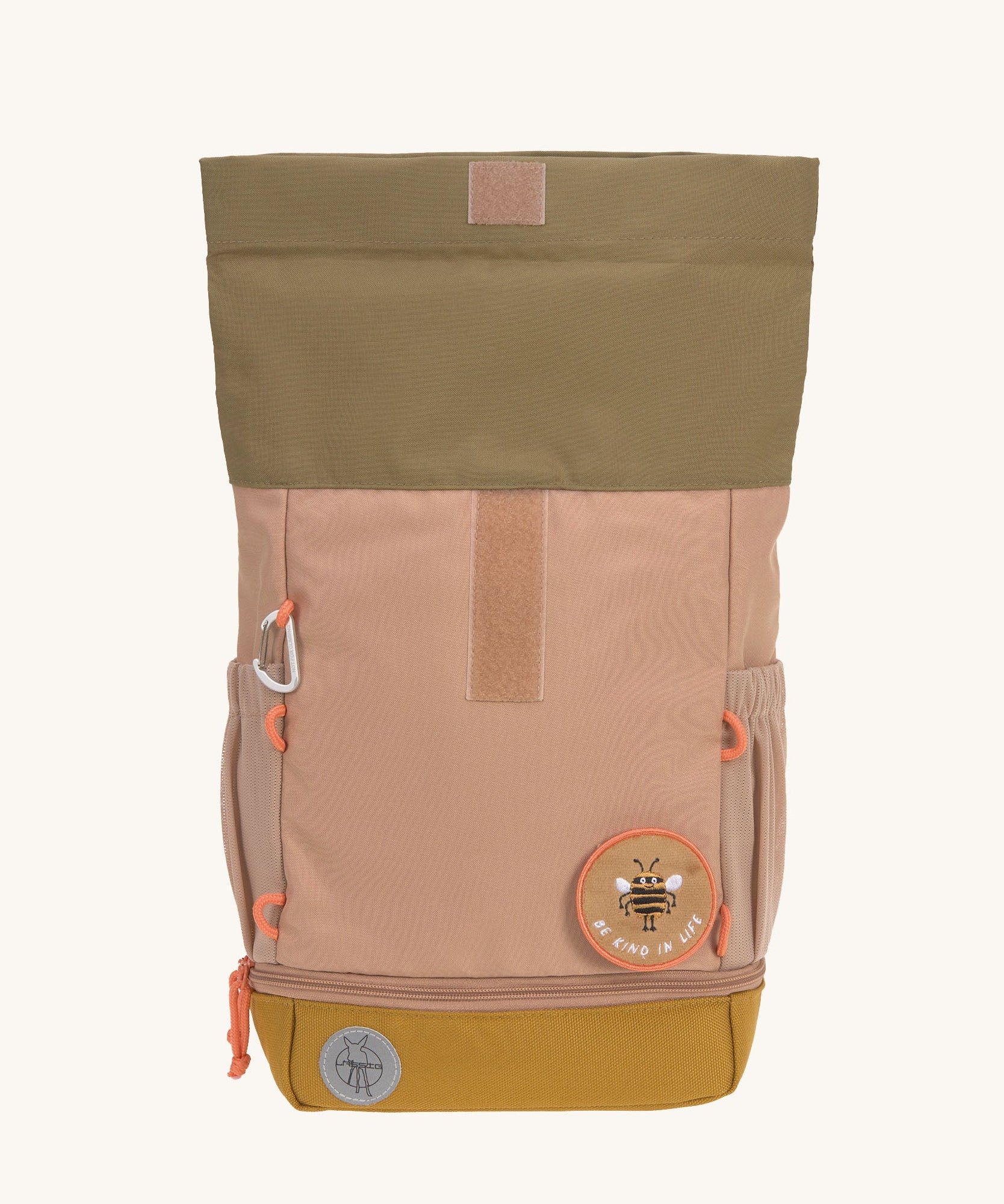 The Lassig Mini Rolltop Backpack in a Nature Hazelnut colour shown with the top fully rolled open. This children's bag is part of a wide range of backpacks and accessories available at Babipur. 