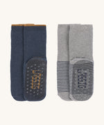 The Lassig organic cotton anti-slip grippy socks 2 pack, onepair is in a navy blue and one is in grey.