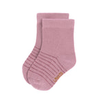 The Lassig organic cotton baby socks in a light pink with darker pink stripes.